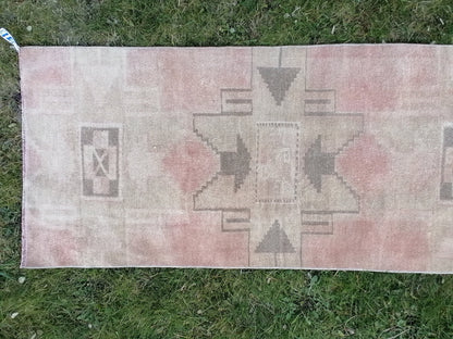 2.3 x 9 Vintage rug pastel vintage oushak rug, faded unique handmade runner rug,