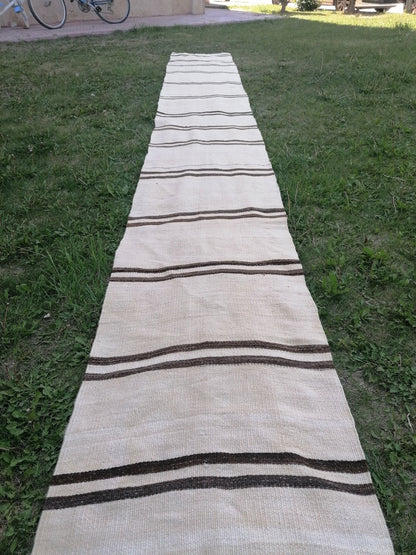 2 x 15 neutral flatweave runner rug, woven handmade wool runner, long stripe kilim runner rug