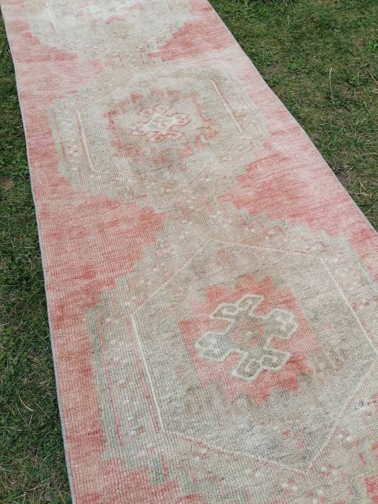 2.7 x 10.4 Oushak turkish runner rug, vintage wool runner