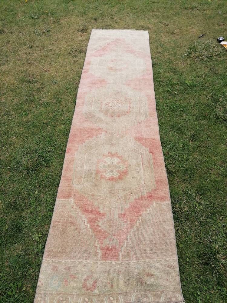 2.7 x 10.4 Oushak turkish runner rug, vintage wool runner