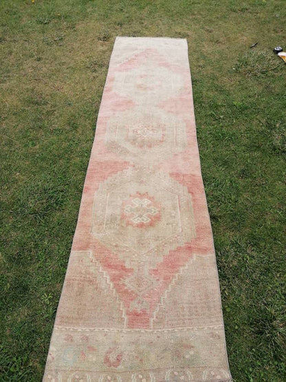 2.7 x 10.4 Oushak turkish runner rug, vintage wool runner