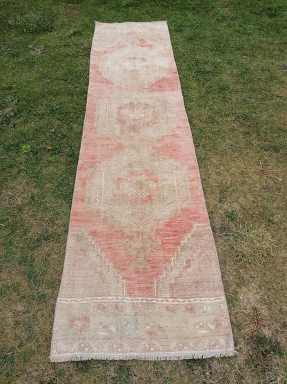 2.7 x 10.4 Oushak turkish runner rug, vintage wool runner