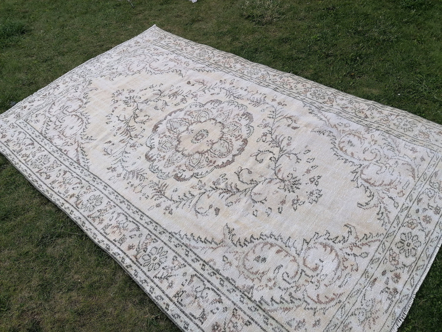 6 x 9.4 oushak rug, muted distressed vintage rug, turkish rug, neutral handmade wool rug